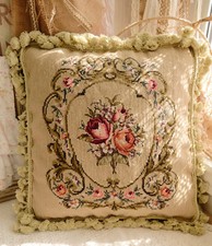 16" Vintage Classic French Swirls Red Rose Fine Cottage Decor Needlepoint Pillow