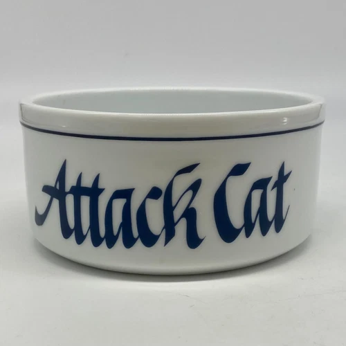 Vintage Attack Cat Food Water Bowl Dish Ceramic White Blue Calligraphy Funny