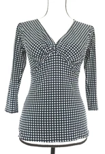 STUDIO M Women's Blue Black Ivory Dot Print Slinky Blouse Stretch 3/4 Sleeve XS