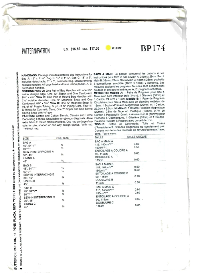 Butterick BP174 / 4148 Sewing Pattern Handbags with Handles 3 Styles and Sizes - Image 2 of 4