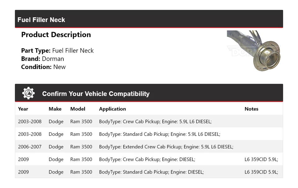 Para 2003-2009 Dodge Ram 3500 Dorman pescoço de enchimento de combustível 2004 2005 2006 2007 2008 - Imagem 2 de 4