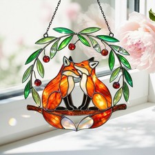 Woodland Fox Couple Suncatcher, 2D Flat Fox Couple Window Hanging, Romantic Fore