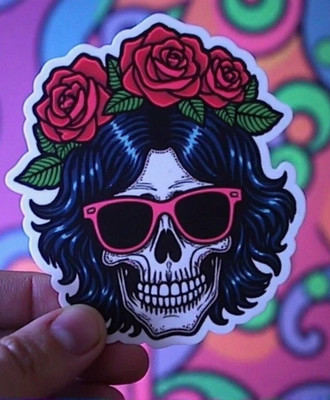 Boho Skull with Roses Sticker   Retro Sunglasses Skeleton Decal   Hippie Floral