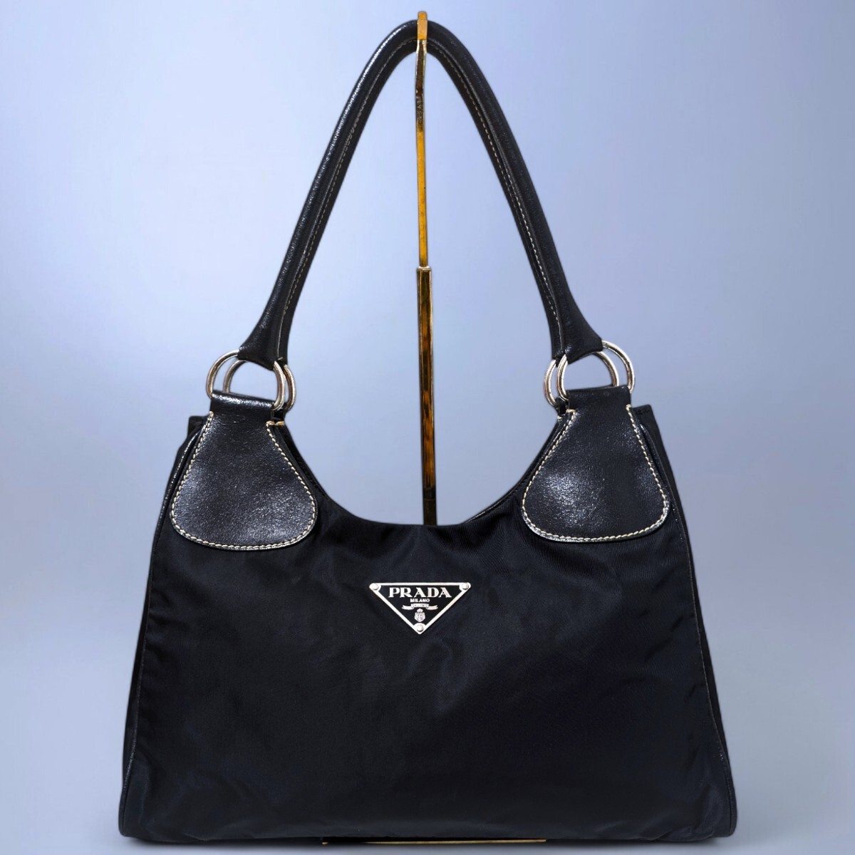 Prada Large Logo Nylon Leather Tote Shoulder Bag Vintage Authentic