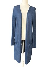 J Jill Cardigan Sweater Womens Medium Blue Linen Blend Long Duster Pockets
