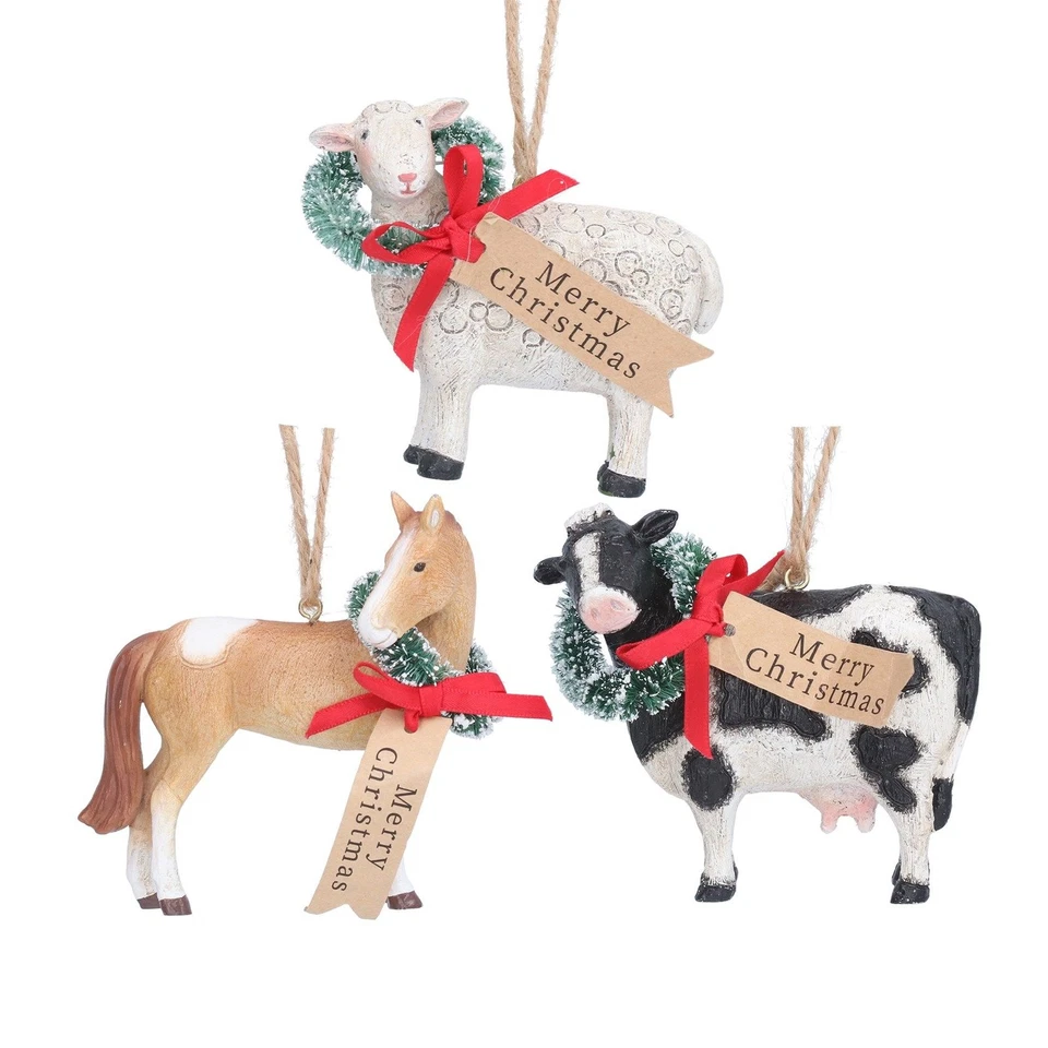 Resin Farm Christmas Tree Glass Decoration Cow Sheep Horse Gisela Graham