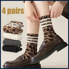 4 Pairs Women's Striped Socks Soft Comfortable Casual Sports Sock Leopard Print