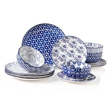  Plates and Bowls Set for 4, 12 Pieces Vintage Blue Service for 4 (12 Pcs)