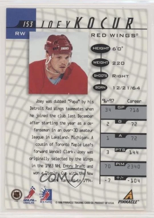 1997-98 Pinnacle Be A Player Auto Joe Kocur #153 Auto - Image 2 of 2