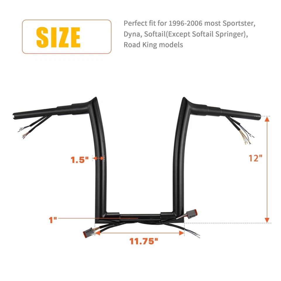 Manillar precableado Softail Dyna Road King Heritage 12"" elevación 1,5"" Fat 96-06 Foto 2 de 4