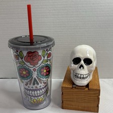 Vaso Calavera Azúcar Walgreens 18oz con Tapa Pajita + Cerámica Calavera Decoración