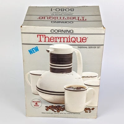 NEW Vintage Corning Thermique 8080-1 White Black Trim Thermal Server with 4 Mugs - image 1 of 4