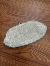 Vintage Made in Hong Kong White Floral Beaded Mini Clutch with Silver Clasp