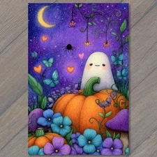 Art Print Halloween Ghost Pumpkin Cute Fantasy Flowers Scene Halloween