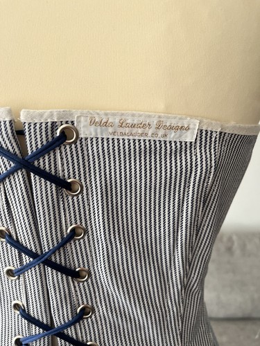 Velda Lauder Rare Blue Victorian Striped Fully Boned Corset Size 26 10/12 - Picture 14 of 22