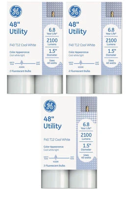 GE LIGHTING (6 tubes) GE F40T12 Fluorescent Bulbs, 48 inch Linear Fluorescent T12, 40