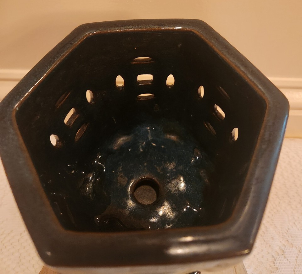 Dark Blue/Green Orchid Pot Planter w Holes & Attached Drip Tray Pottery