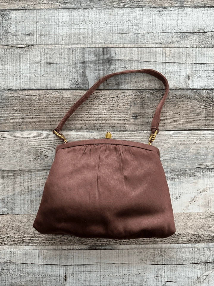 Bolso de mano Morris Moskowitz vintage años 50 marrón satinado dorado herrajes cóctel Foto 2 de 4