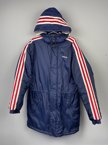 Vintage Adidas Parka Soccer Long Hooded Jacket Blue Logo L - Picture 2 of 12