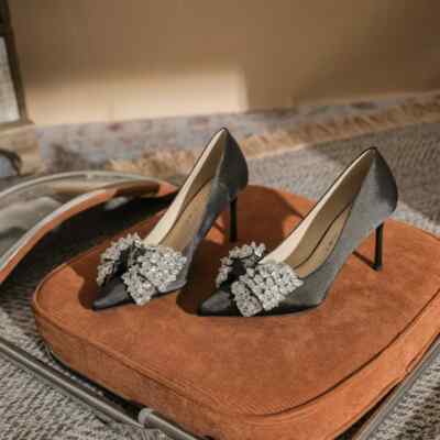 Dekolleté Damenschuhe 8 Cm Schwarz Satin Strass Elegant Kunstleder 18358