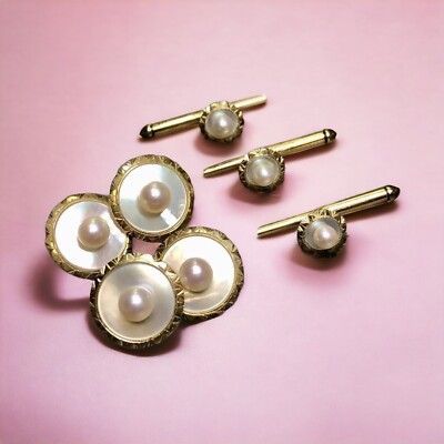 Vintage MIKIMOTO 14K Yellow Gold Pearl Cufflinks Stud Button Set
