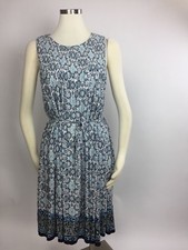 Ann Taylor Loft White Light Blue Smocked Floral Tie Waist Dress Border Hem XS