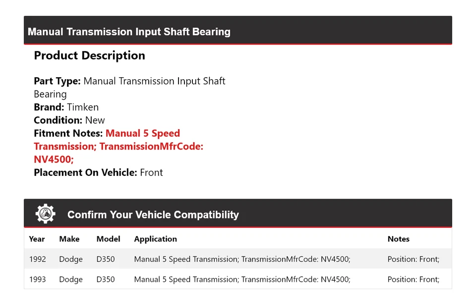 For 1992-1993 Dodge D350 Manual Transmission Input Shaft Bearing Front Timken - Image 2 of 4