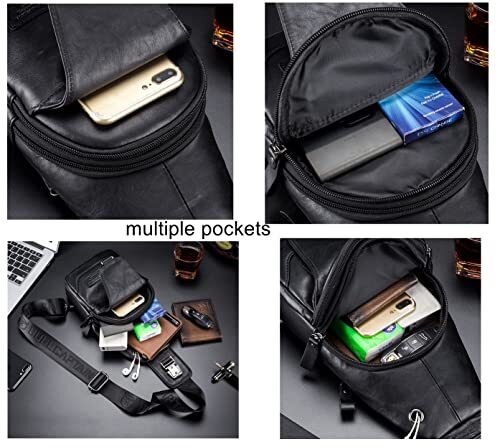 Sling Bag Echtleder Umhängetasche Rucksack Outdoor Reise Brusttasche Schwarz - Bild 6 von 7