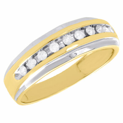 10K Two Tone Yellow Gold Mens Diamond Wedding Band Beveled Edge Ring 0. ...