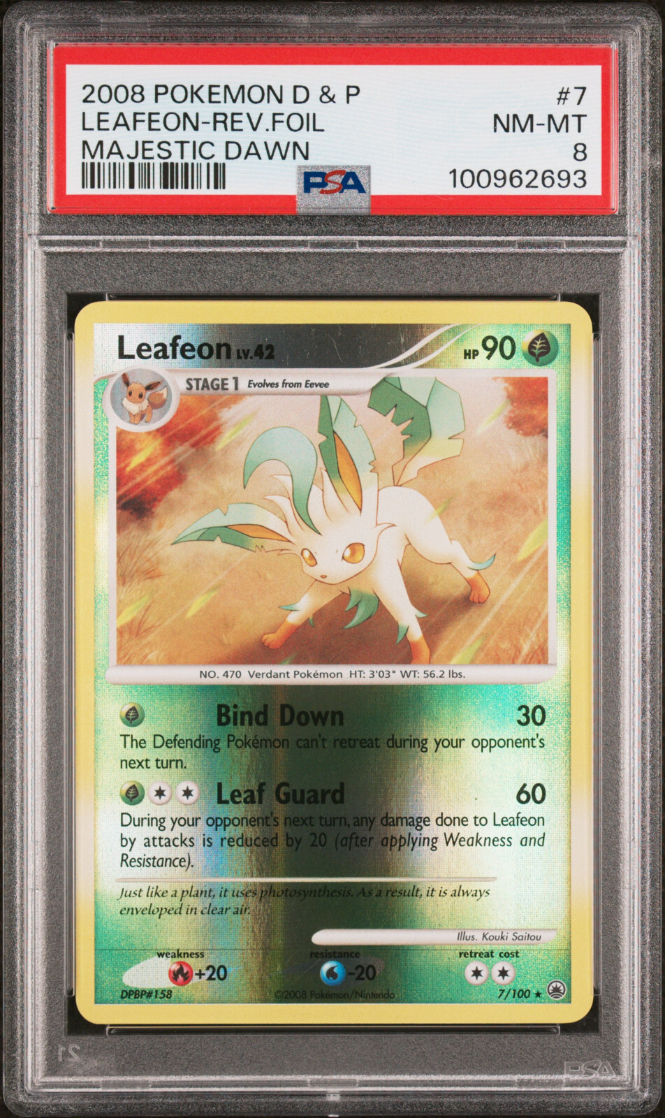 2008 POKEMON MAJESTIC DAWN LEAFEON #7 REVERSE HOLO FOIL PSA 8 NM #100962693