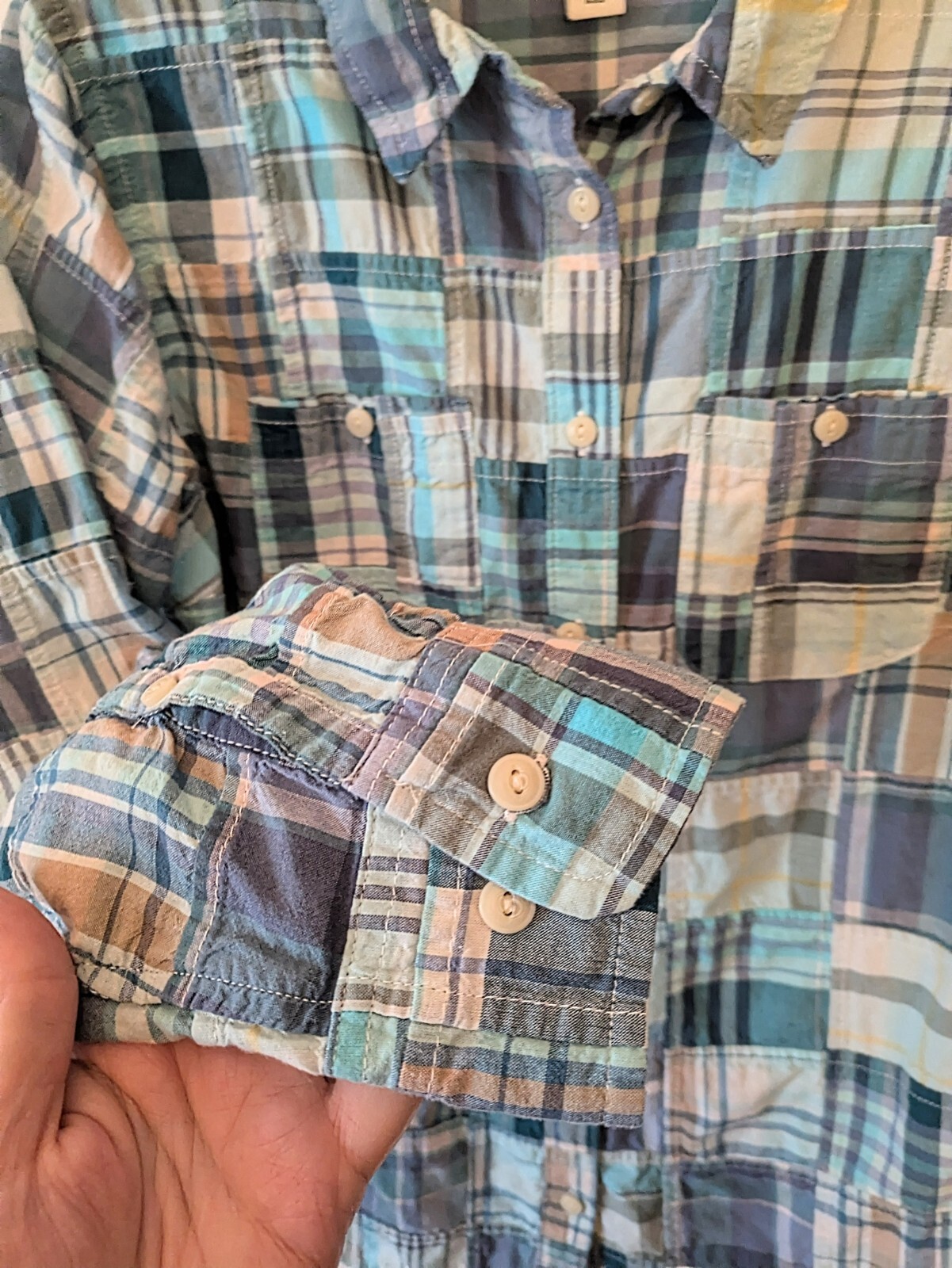 LL Bean Madras Textured Patchwork Blouse Roll-Tab… - image 3