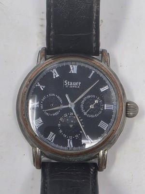 Stauer Automatic Watch 27 Jewels Moon Phase Day Date Black Dial Leather Strap
