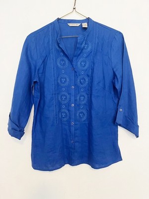 E-COL-O-GIE Women s 100% Linen Blouse Size M Cobalt Blue 3/4 Sleeve Button Up