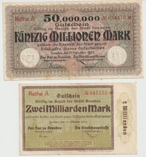 2x Notgeld Dresden Stadthauptkasse  2 Milliarden +50 Millionen Mark  1923