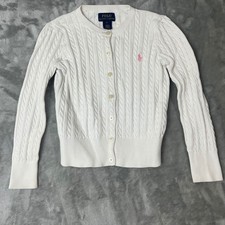 Polo Ralph Lauren Girls Cable Knit Cardigan Sweater Pink Pony Logo Size 6 White