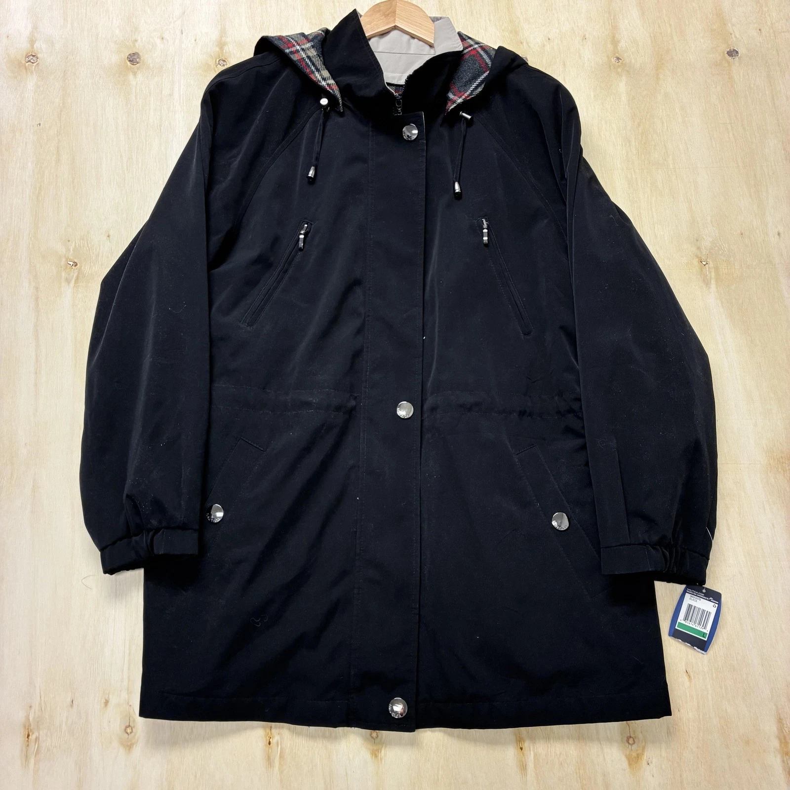 Nautica Coat Mens Large Black Hooded Plaid Lined Parka Full Zip Winter