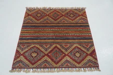 3x3 ft Red Khorjin Afghan Hand Knotted Wool Tribal Small Square Rug