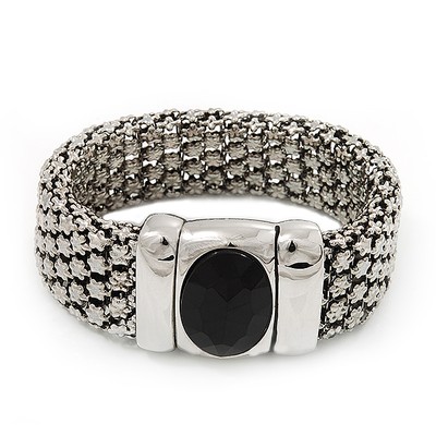 Silberfarbenes breites Mesh Magnetarmband mit schwarzem Harzstein - 18 cm Länge