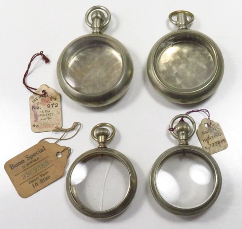 Antique Pocket Watch Cases, lot of 4 and Watch tags Bunn, Hamilton