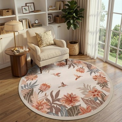 Floral Round Rug 4ft for Entryway - Washable Circular Pink Boho Rug for Bedro...