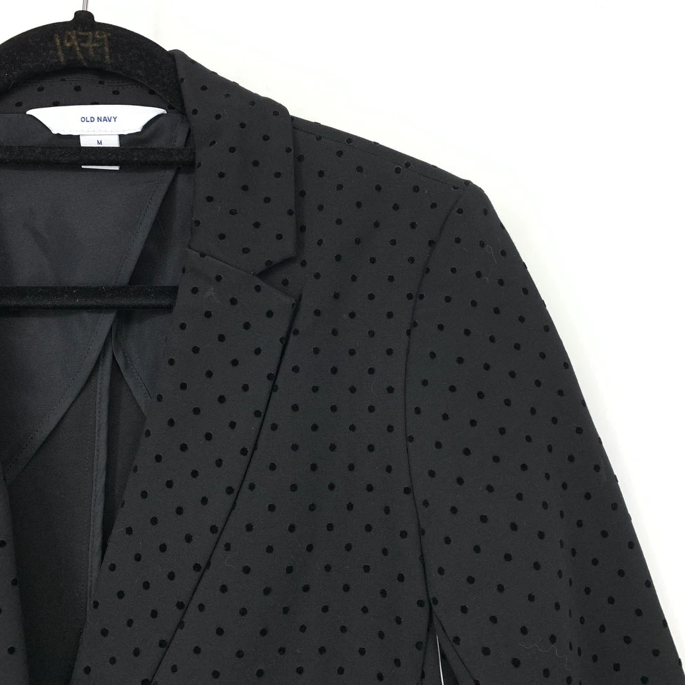 Chaqueta Blazer Antigua Azul Marino Botón Único Para Mujer Talla M Negra Lunares Flocados NUEVA Foto 3 de 4