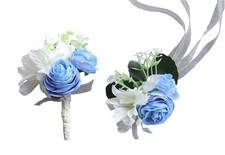 Wrist Corsage and Brooch Boutonniere Set Wedding Prom Blue Artificial Flower