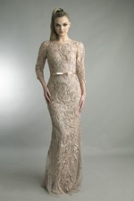 Beaded Leaf-Motif Three-Quarter Gown