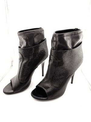 Vero Cuoio Blk Leather Glitter Open Toe Sexy Fab Stiletto Booties New Sole 37.5