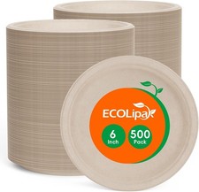 6 Inch Disposable Compostable Small Paper Plates 500 Pack Recycled Sugarcane