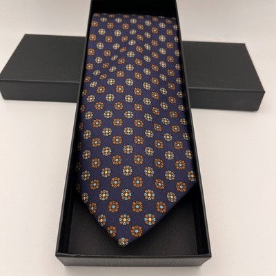 Classic E. Marinella Navy Silk Neck Tie w/ Orange & Blue Floral Print Napoli