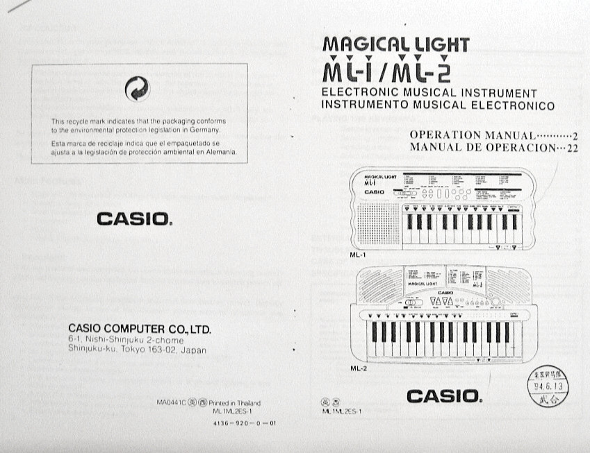 Casio ML-1 ML-2 Magical Light Mini Piano Keyboard Manuale d'uso del proprietario.