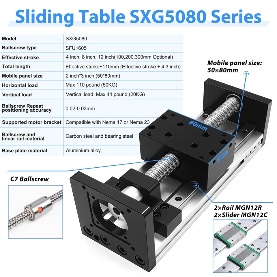  80mm Wide Ballscrew Linear Motion Stage 22-132lbs Double Guide CNC Slide Table - Image 3 of 4