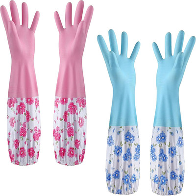 Blumen Design Haushaltshandschuhe 2er Set | Extra Lange Spülhandschuhe Mit Flaus