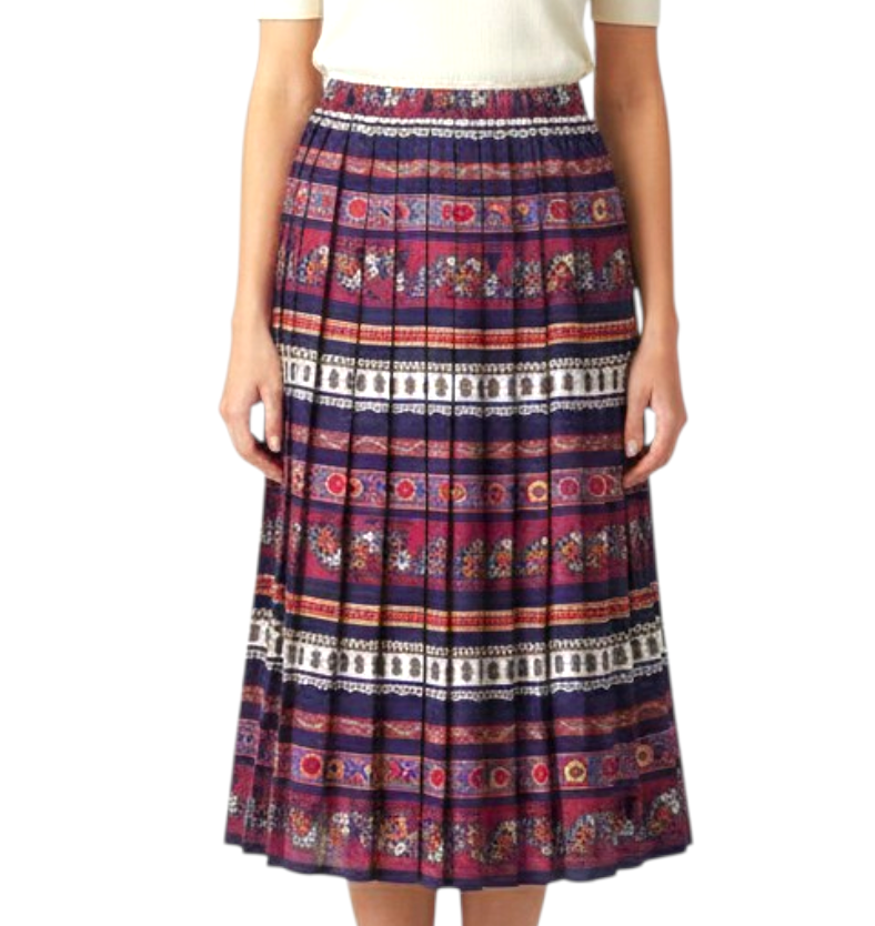 VTG Susan Bristol PLEATED RAYON MIDI SKIRT Purple Red Multi Floral Stripes SZ 14